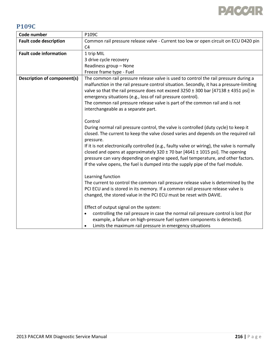 PACCAR MX P109C — Rail pressure release valve, current too low - preview page 1 of 4