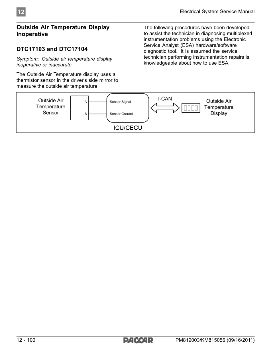 PACCAR outside air temperature 17103 and 17104 Diagnostic Manual - preview page 1 of 4