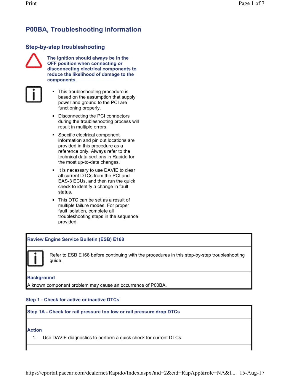PACCAR P00BA DTC troubleshooting guide — Service Manual — 7 pages, - preview page 1 of 6