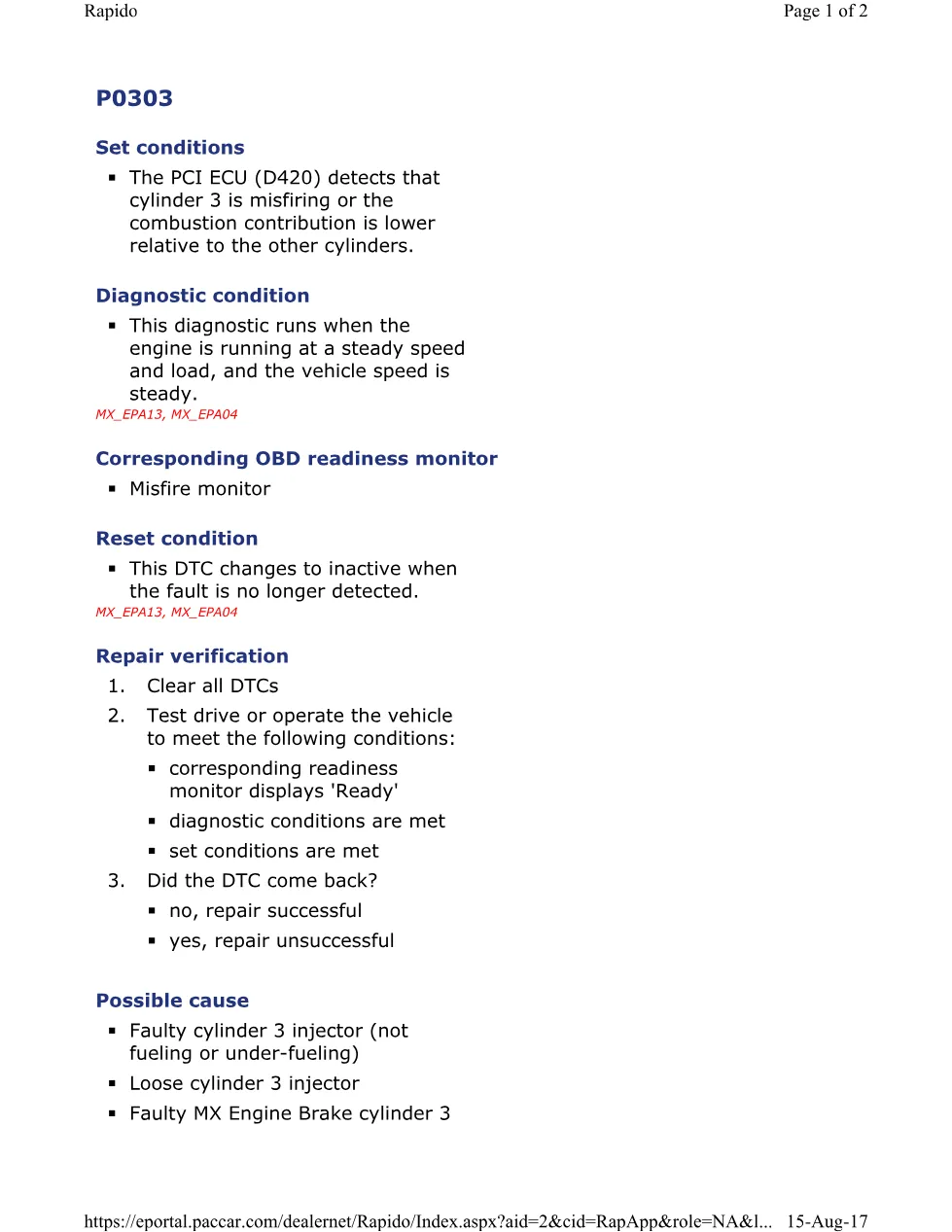 PACCAR P0303 Misfire Code Cylinder 3 Diagnosis — PACCAR MX EPA Engine - preview page 1 of 2