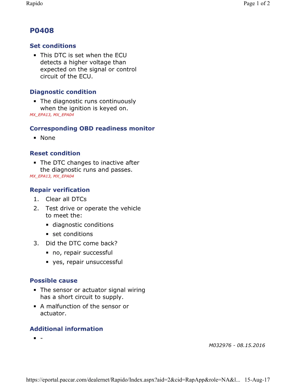 PACCAR P0408 DTC Code Diagnostic — MX Europe EPA Engines — Service - preview page 1 of 2