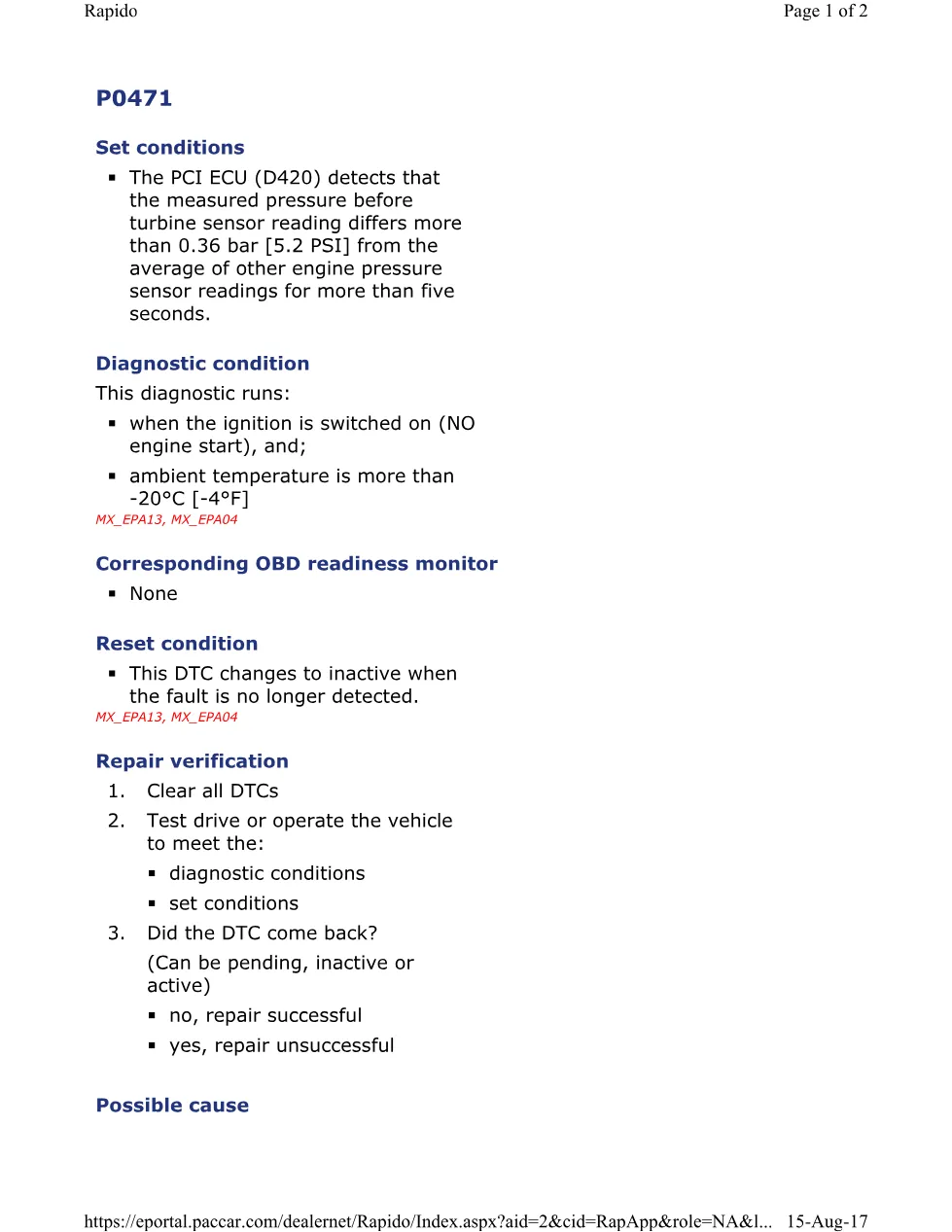 PACCAR P0471 turbine pressure sensor DTC — MX Europe EPA 2004 Engines - preview page 1 of 2