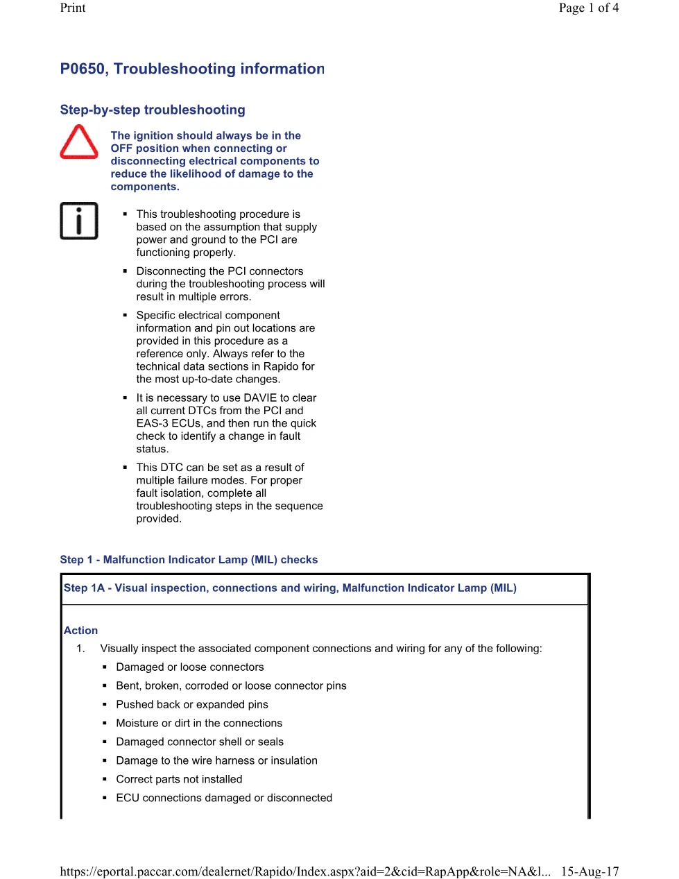 PACCAR P0650 MIL troubleshooting procedure — Malfunction Indicator - preview page 1 of 4