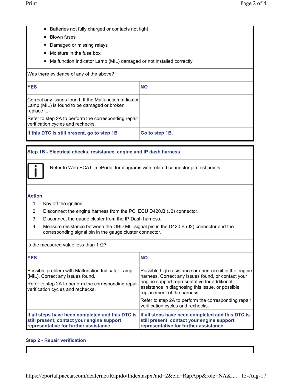 PACCAR P0650 MIL troubleshooting procedure — Malfunction Indicator - preview page 2 of 4