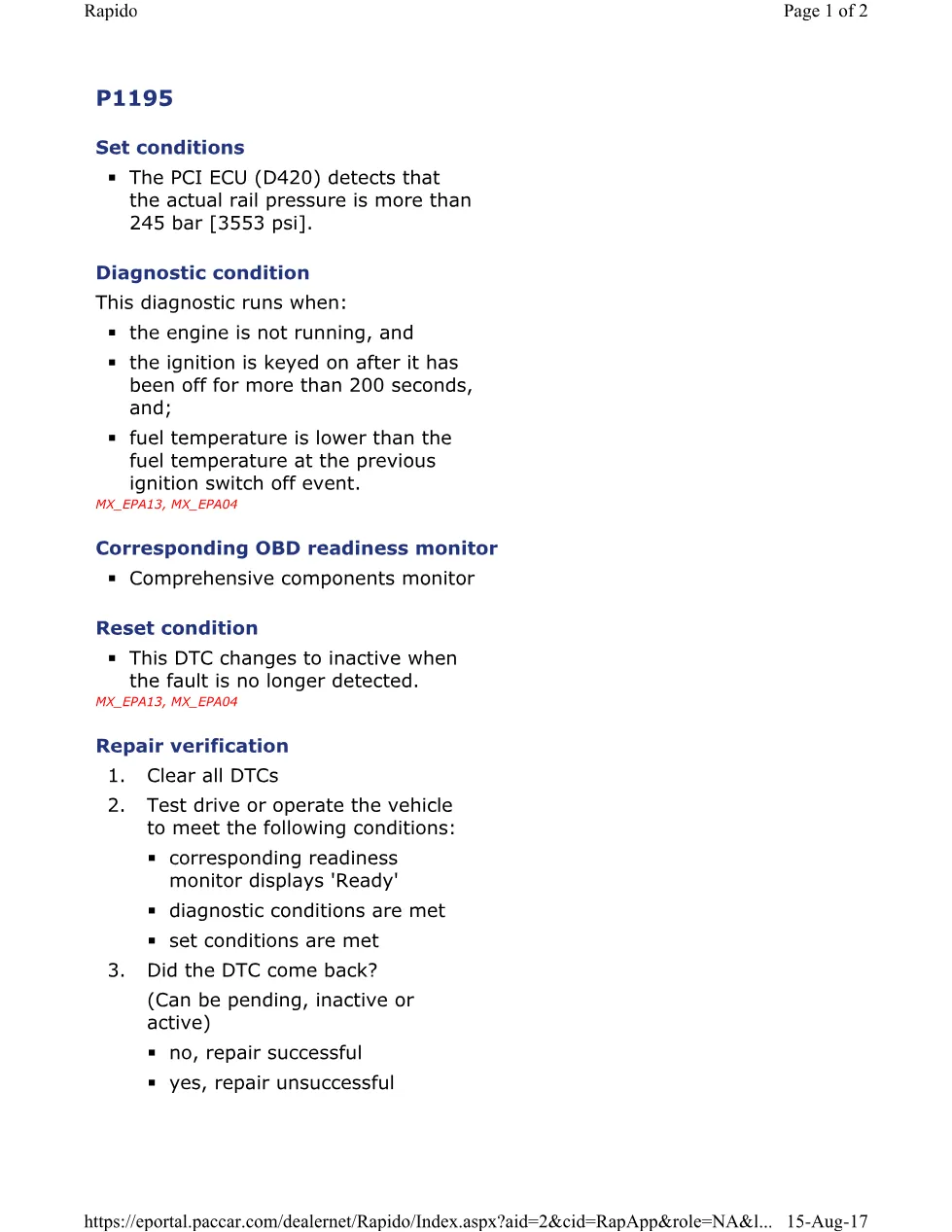 PACCAR P1195A DTC rail Sensor Fault — MX Europe EPA 2004 - preview page 1 of 2