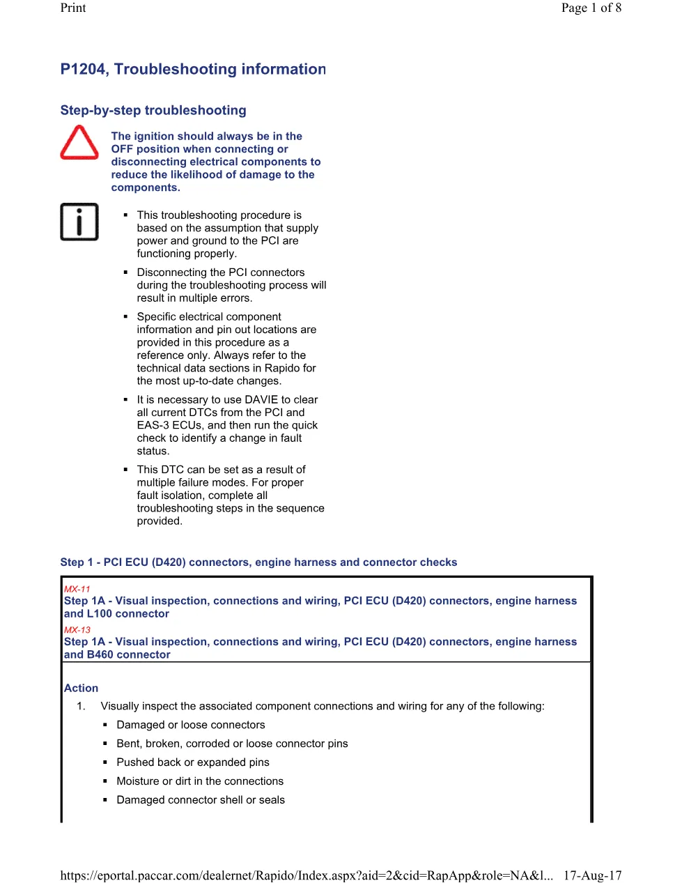 PACCAR P1204 DTC Troubleshooting Guide — Cylinder 1 Injector Solenoid - preview page 1 of 6