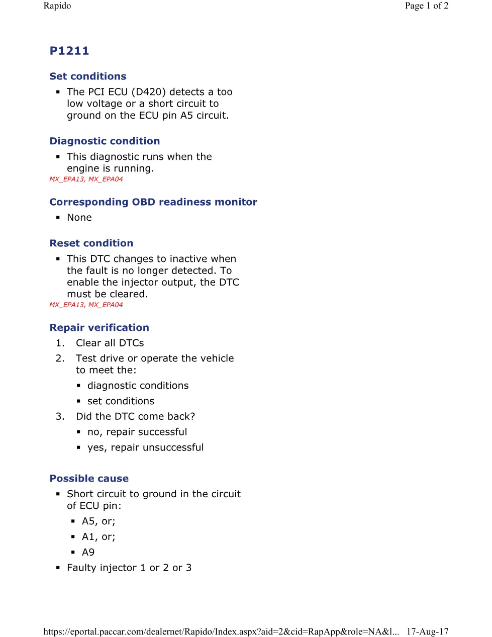 PACCAR P1211A DTC code — Injector Circuit Fault Diagnosis — PDF, 2 - preview page 1 of 2