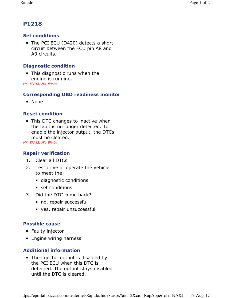 PACCAR P1218A injector short official workshop document preview page 1