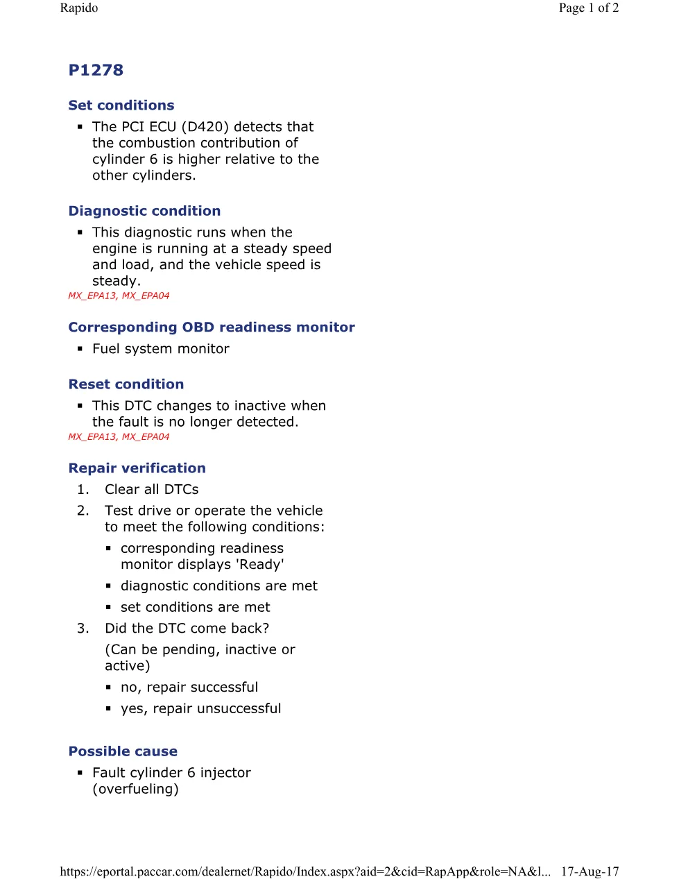 PACCAR P1278A cylinder 6 DTC — MX EPA Engines Diagnostic - preview page 1 of 2