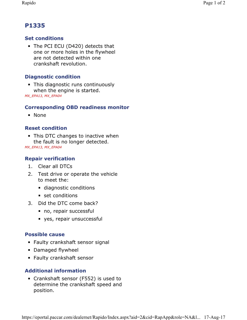 PACCAR P1335A crankshaft sensor official workshop document preview page 1