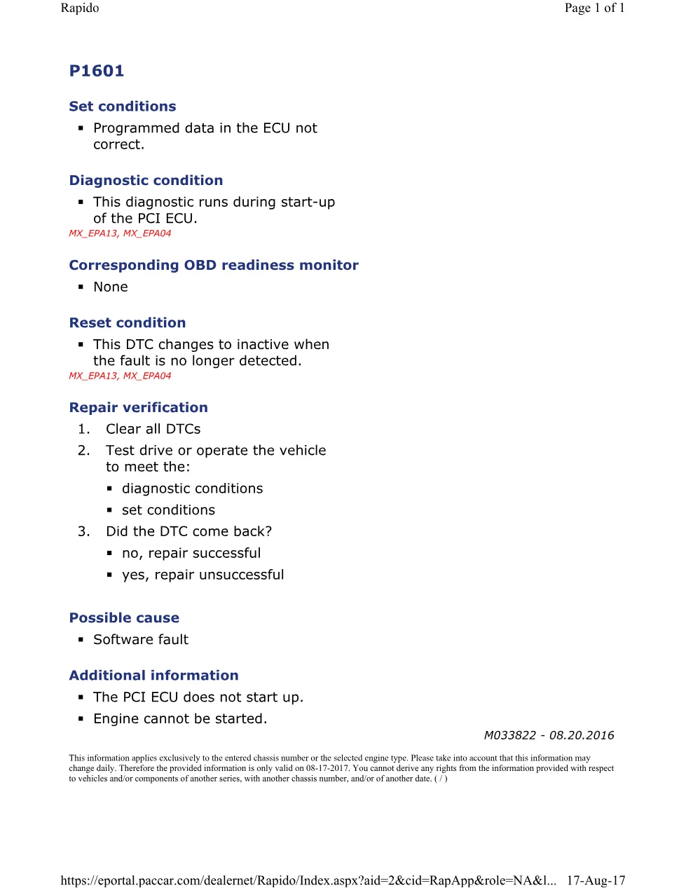 PACCAR P1601A DTC Code — MX EPA Engines Diagnostic Trouble Code — PDF - page 1 is available after signing in