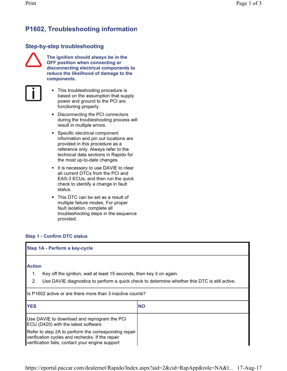 PACCAR P1602 DTC troubleshooting official workshop document preview page 1