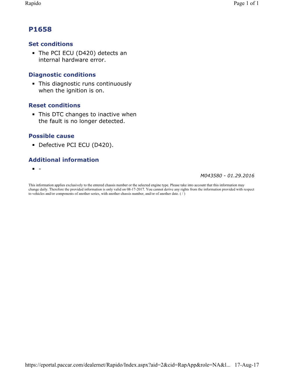 PACCAR P1658A DTC code official workshop document preview page 1