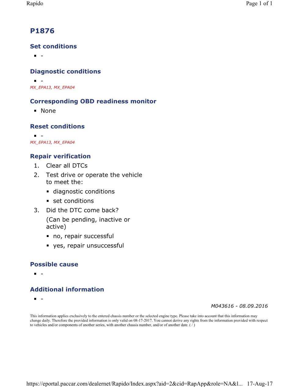 PACCAR P1876 MX EPA Code — Diagnostic Trouble Code Manual — PDF, - page 1 is available after signing in
