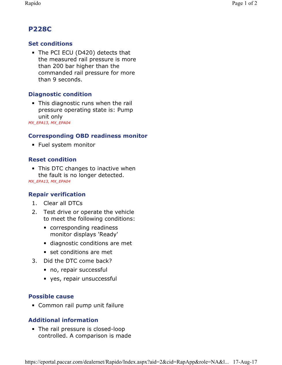PACCAR P228C rail pressure — MX EPA 2004 Engines — Diagnostic - preview page 1 of 2