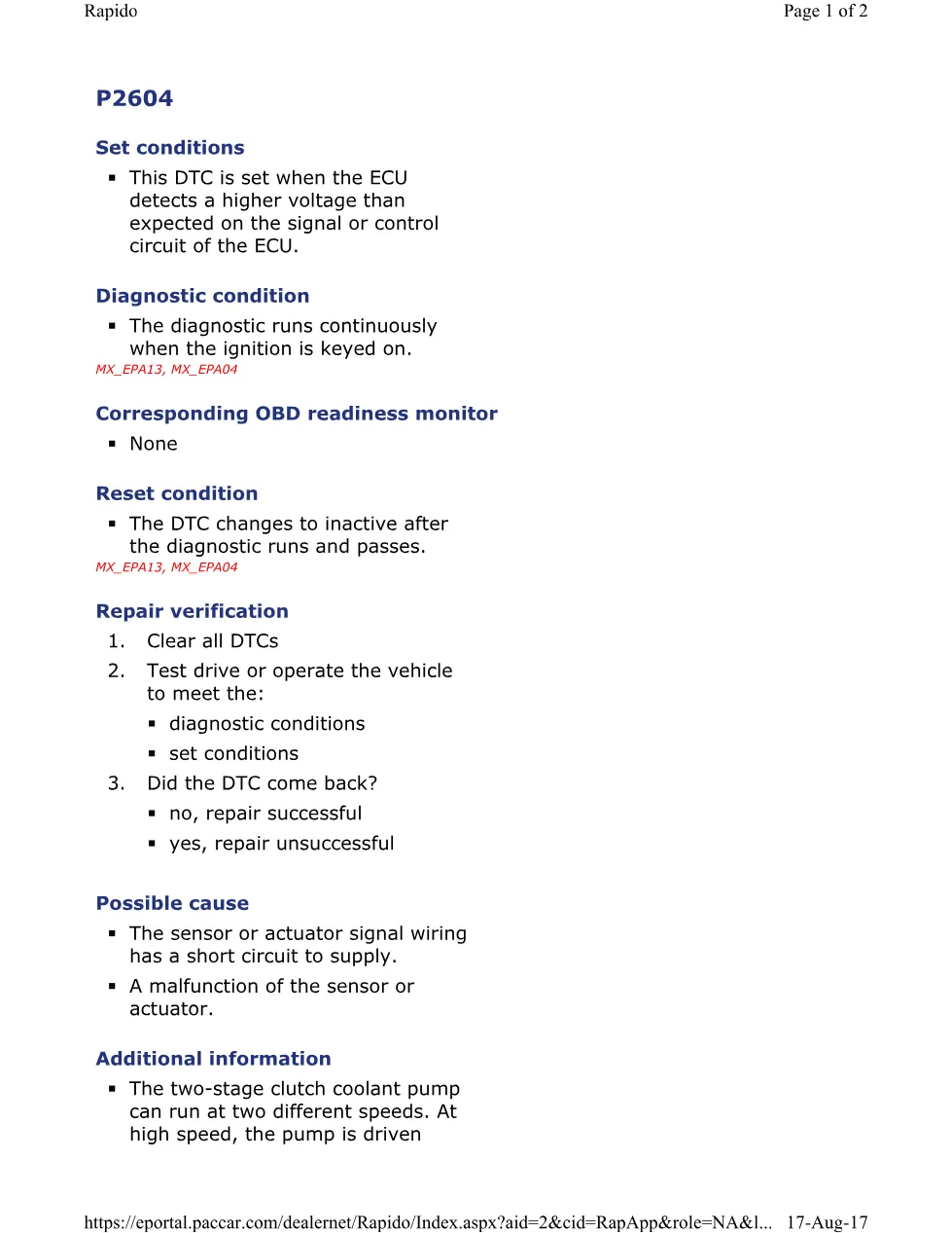 PACCAR P2604A DTC Code Troubleshooting — MX EPA Engines — Service - preview page 1 of 2