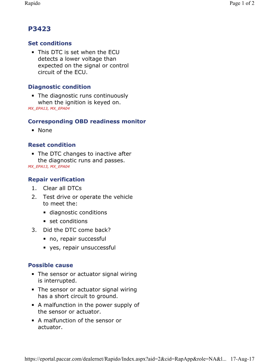 PACCAR P3423A DTC code — MX EPA Engines Diagnostic Trouble Code Guide - preview page 1 of 2