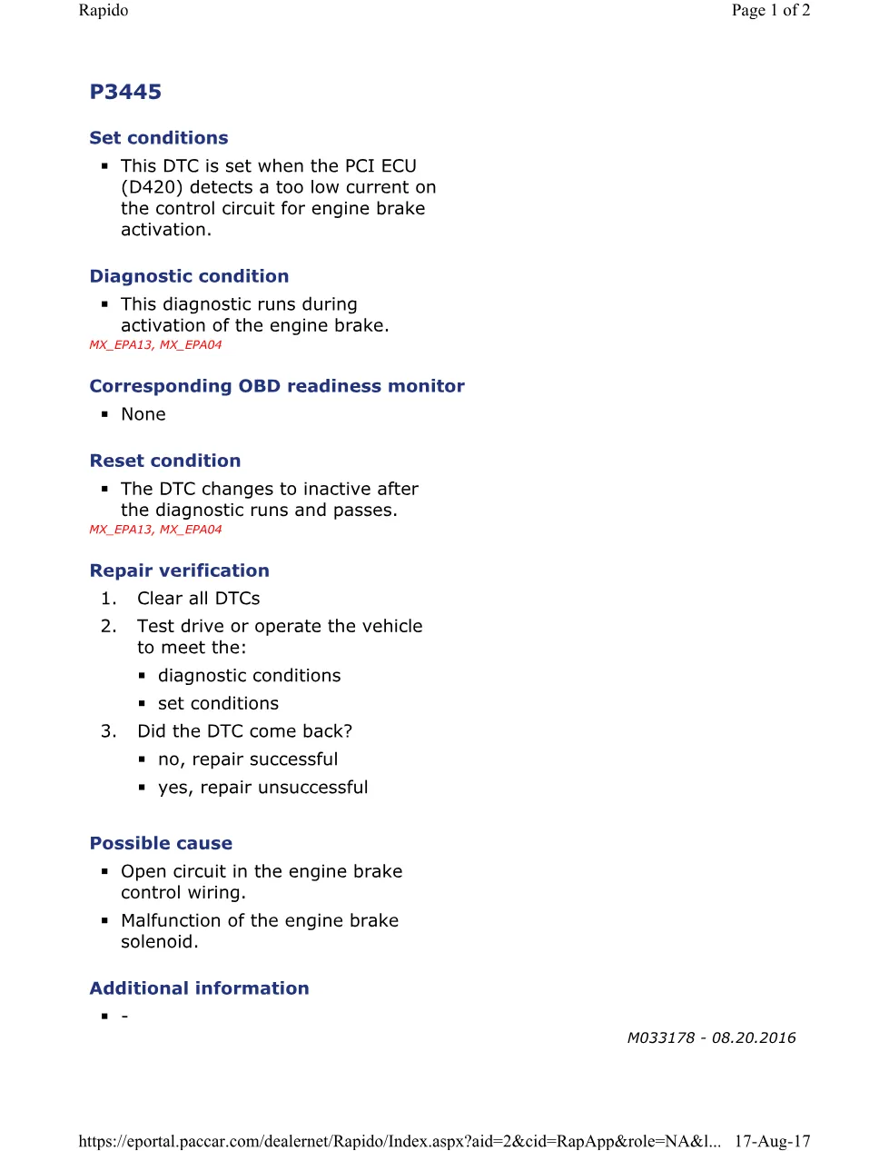 PACCAR P3445A engine brake official workshop document preview page 1