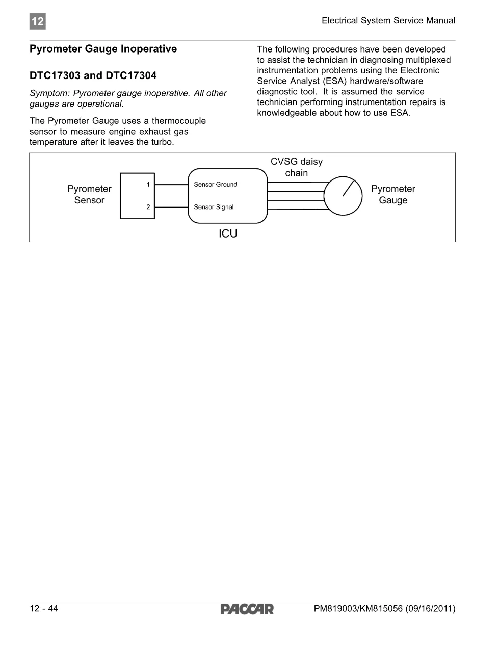 PACCAR Pyrometer Gauge DTC 17303 and 17304 Diagnosis — Service Manual - preview page 1 of 4