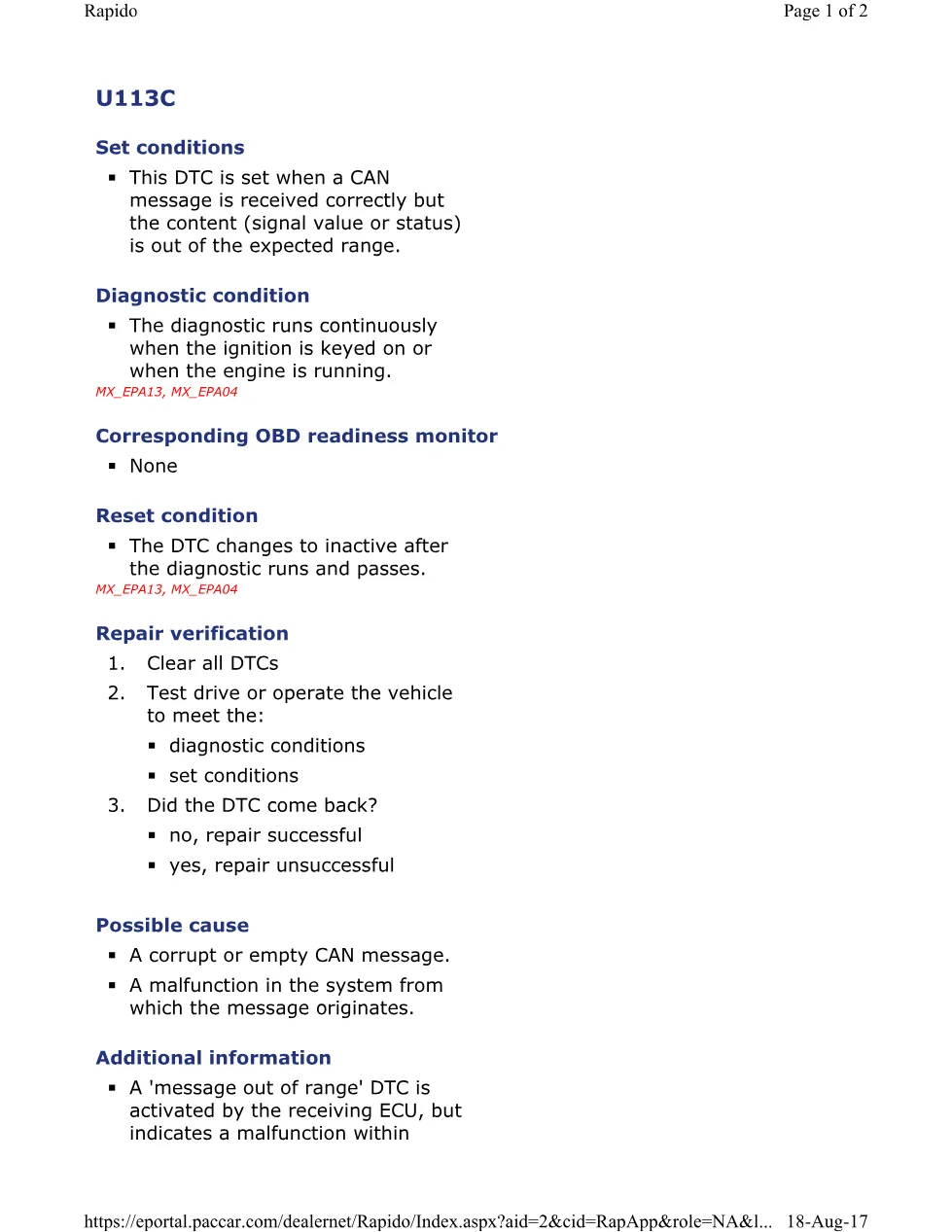 PACCAR U113C DTC Diagnostic — MX Europe EPA 2004 Engine Fault Code - preview page 1 of 2