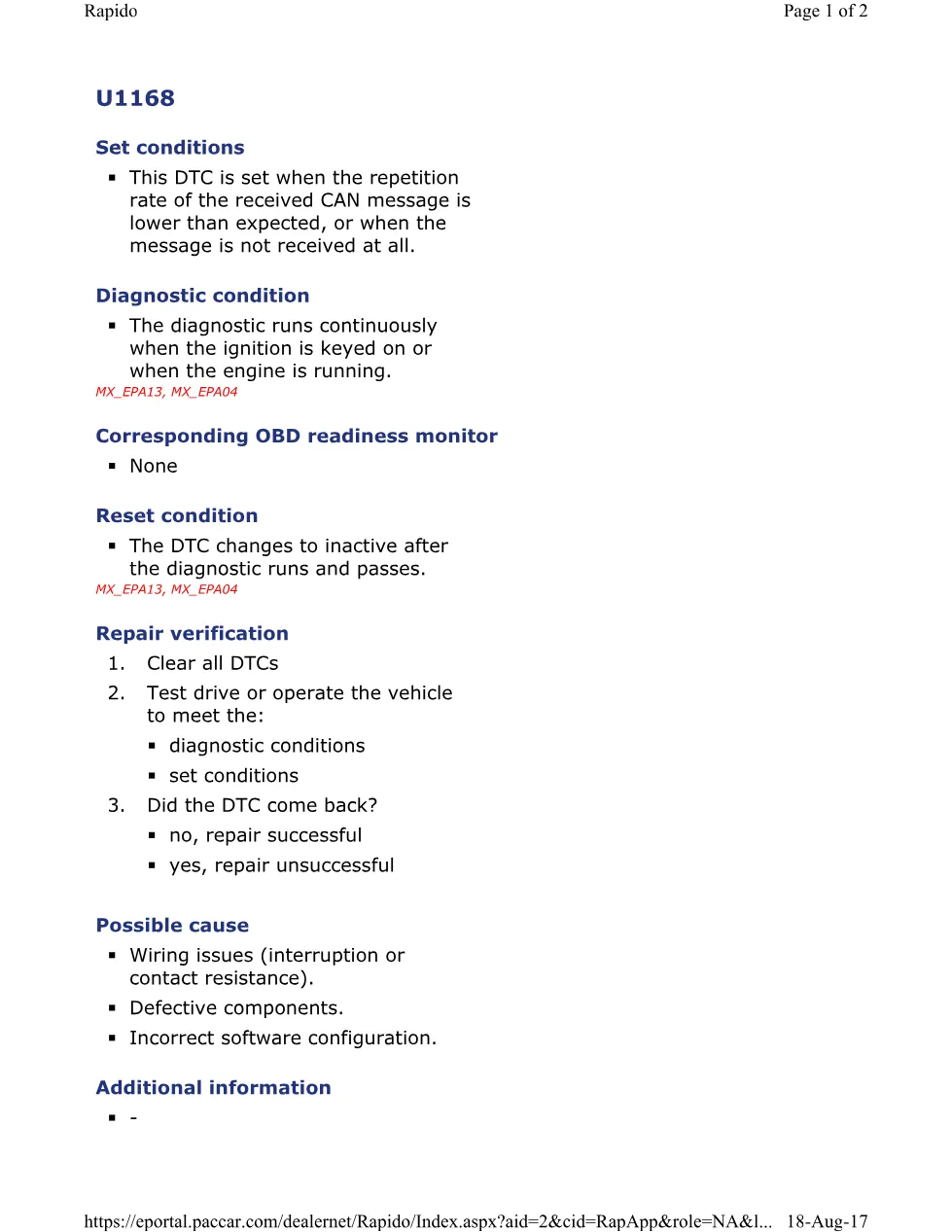 PACCAR U1168A CAN message Code — MX EPA Engines Diagnostic - preview page 1 of 2