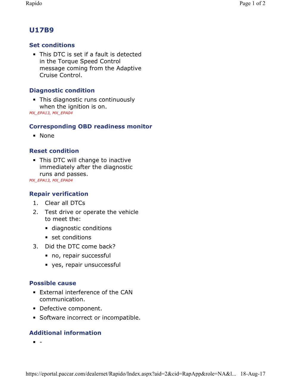 PACCAR U17B9 DTC torque Control — MX EPA 2004 Diagnostic Manual - preview page 1 of 2