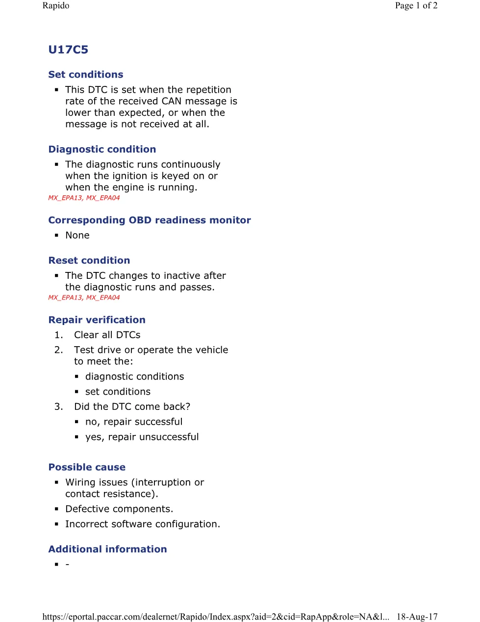 PACCAR U17C5A DTC code official workshop document preview page 1