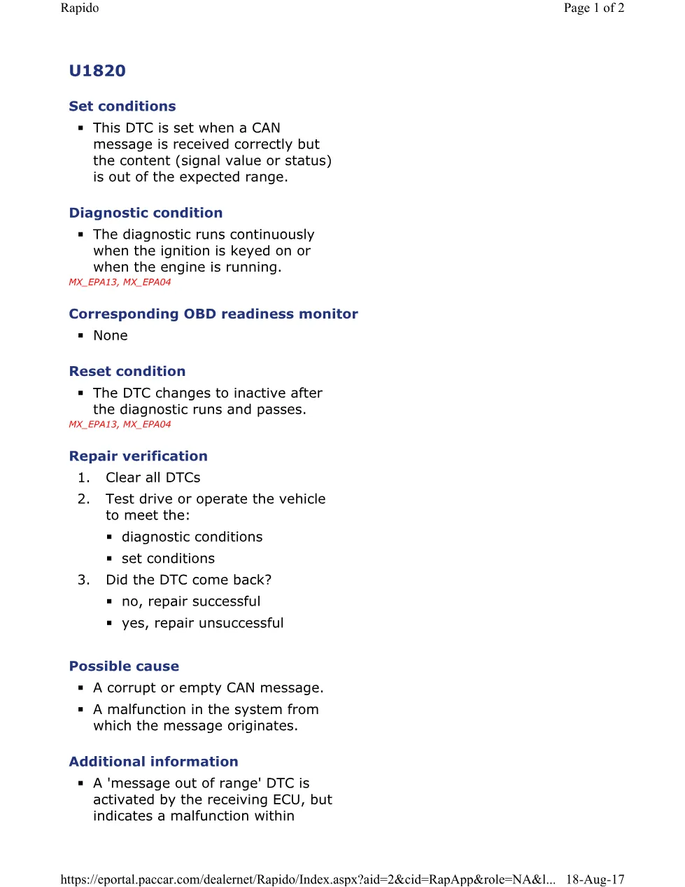 PACCAR U1820 CAN message of Range DTC — MX EPA Engines Diagnostic - preview page 1 of 2