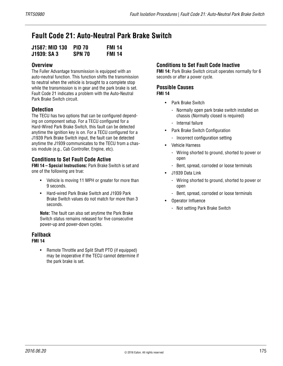 Park Brake Switch — Eaton Fault Code 21 Auto-Neutral, TRTS0980 - preview page 1 of 2