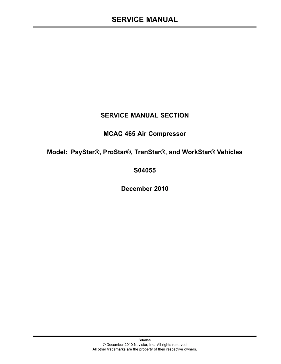 PayStar air compressor manual — MCAC 476, International S04055, - preview page 1 of 6