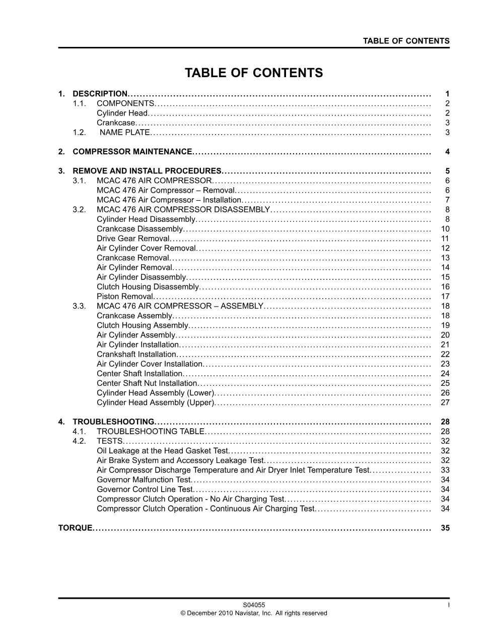 PayStar air compressor manual — MCAC 476, International S04055, - page 3 is available after signing in