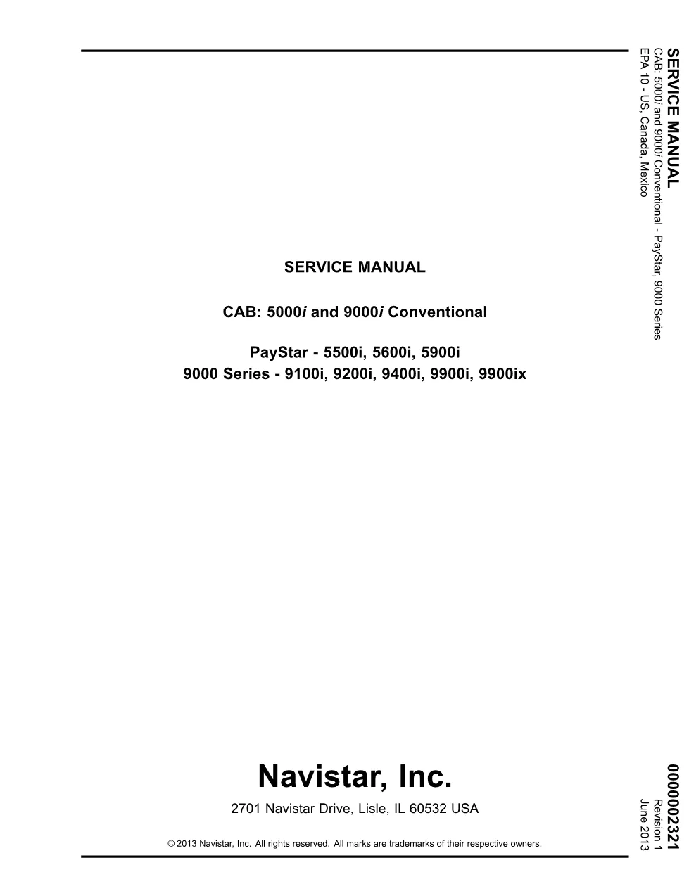 PayStar cab service manual — International 5000i/9000i – Official - preview page 1 of 6