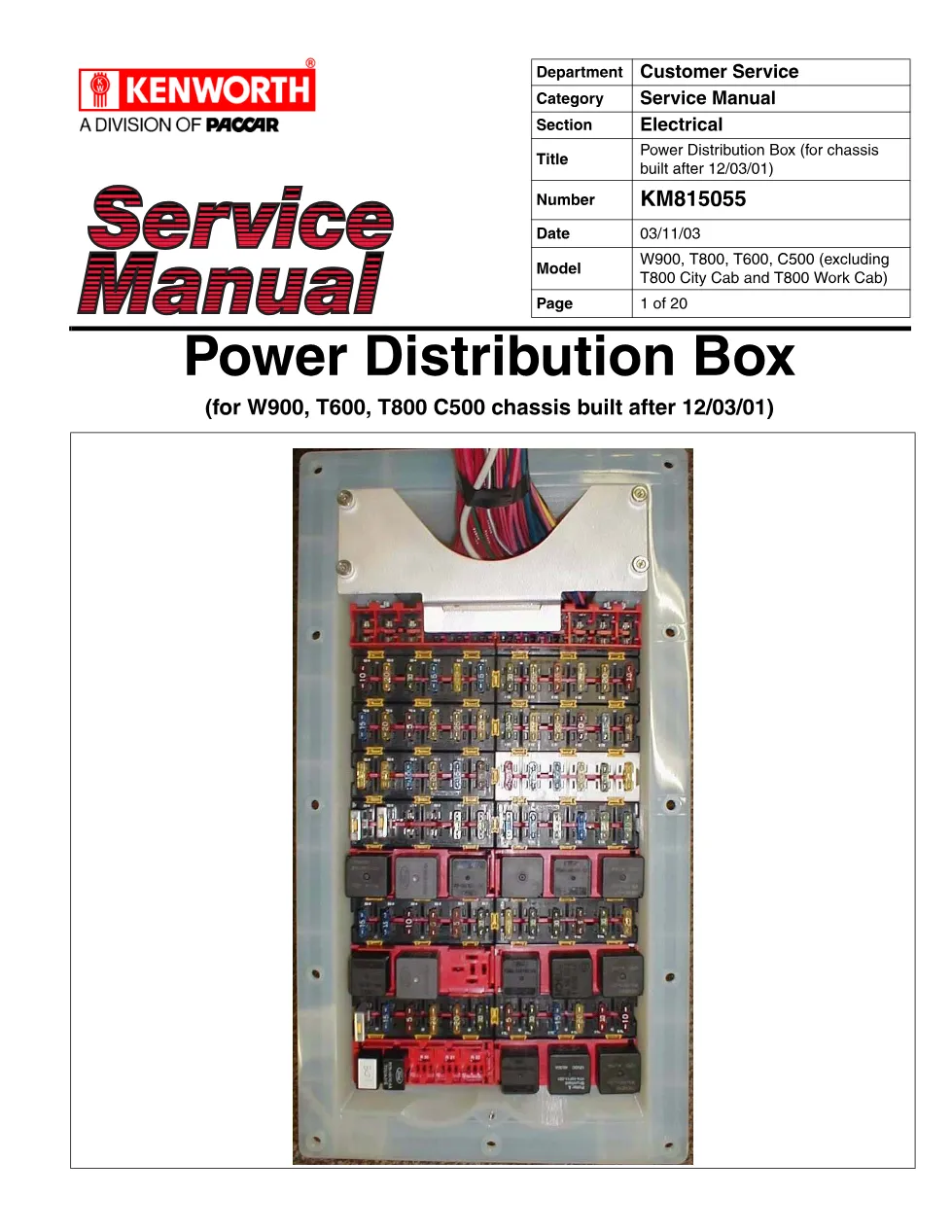 Power Distribution Box manual KM815055 for Kenworth chassis built - preview page 1 of 6