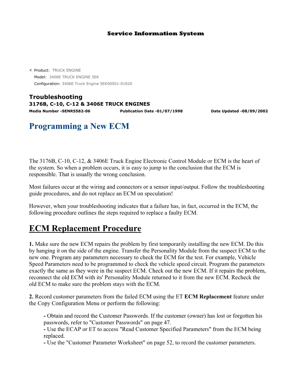 Programming a new ECM — CAT 3406E C-10 C-12 3176B SENR5582-06 - preview page 1 of 3
