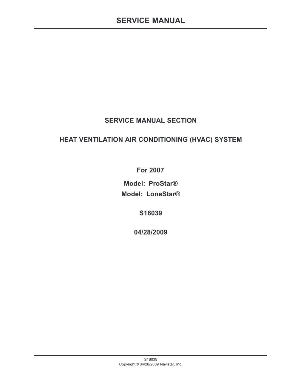 ProStar HVAC System Service Manual (S16039) – International Front - preview page 1 of 6
