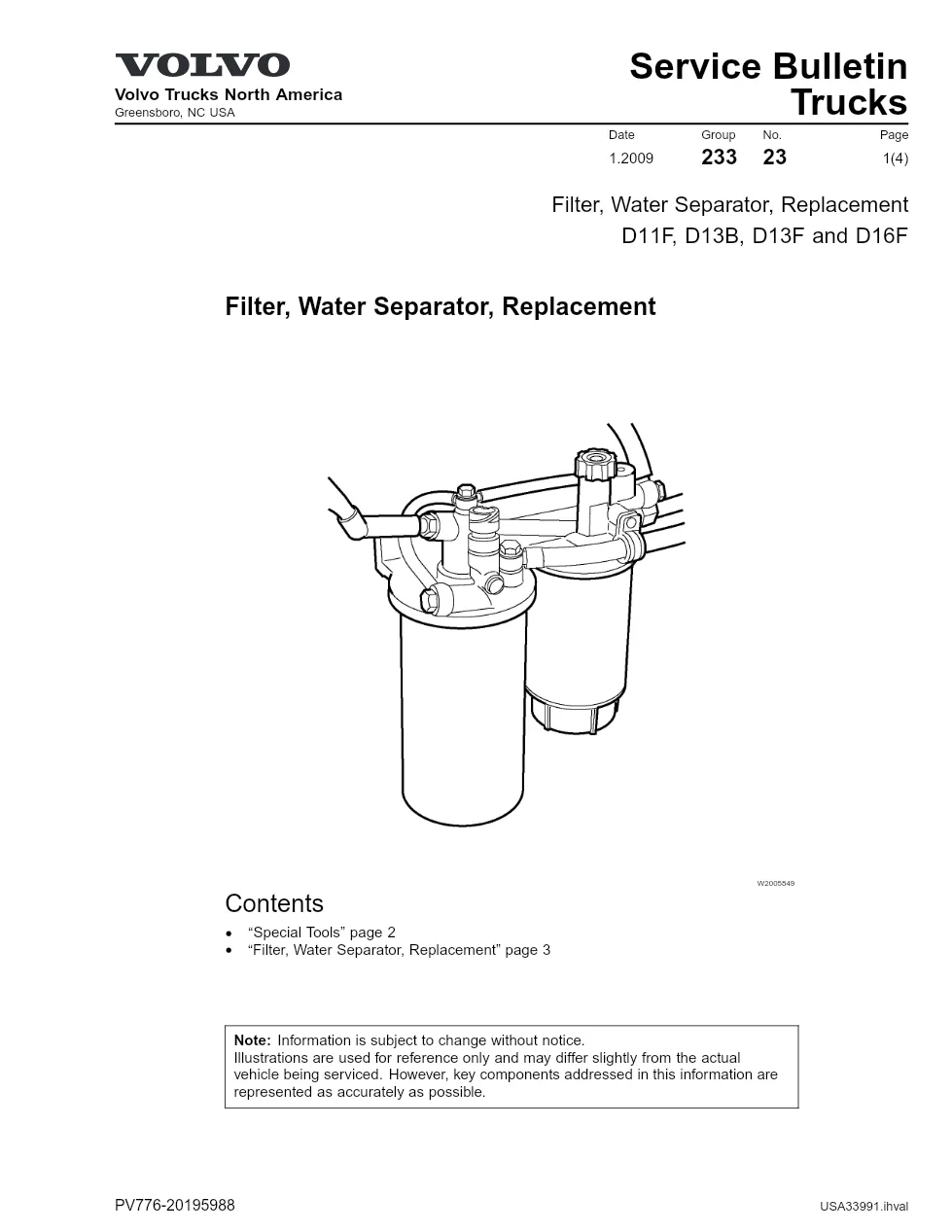 Volvo D16 separator filter replacement D16 — Service Bulletin - preview page 1 of 4