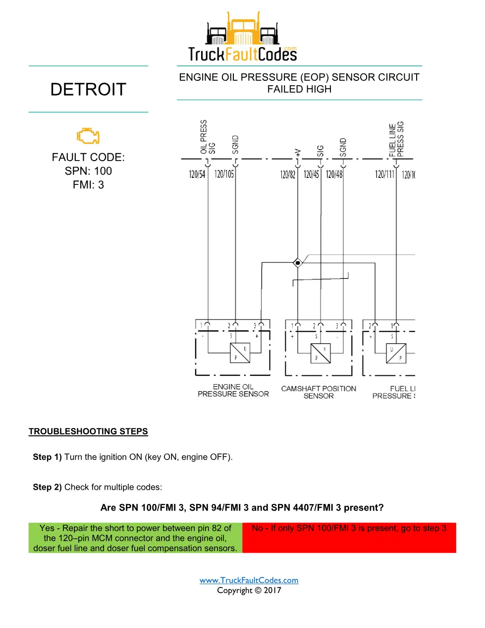 SPN 100 FMI 3 — Engine Oil Pressure Sensor Circuit Failed High - preview page 1 of 2