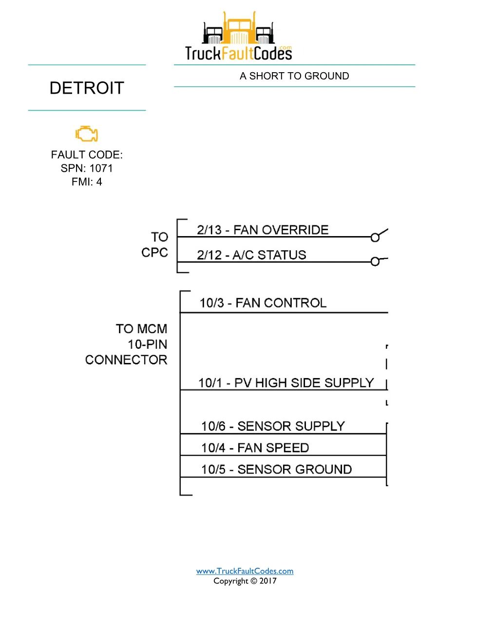 SPN 1071 FMI 4 — Detroit DD Series Fault Code Troubleshooting - preview page 1 of 3