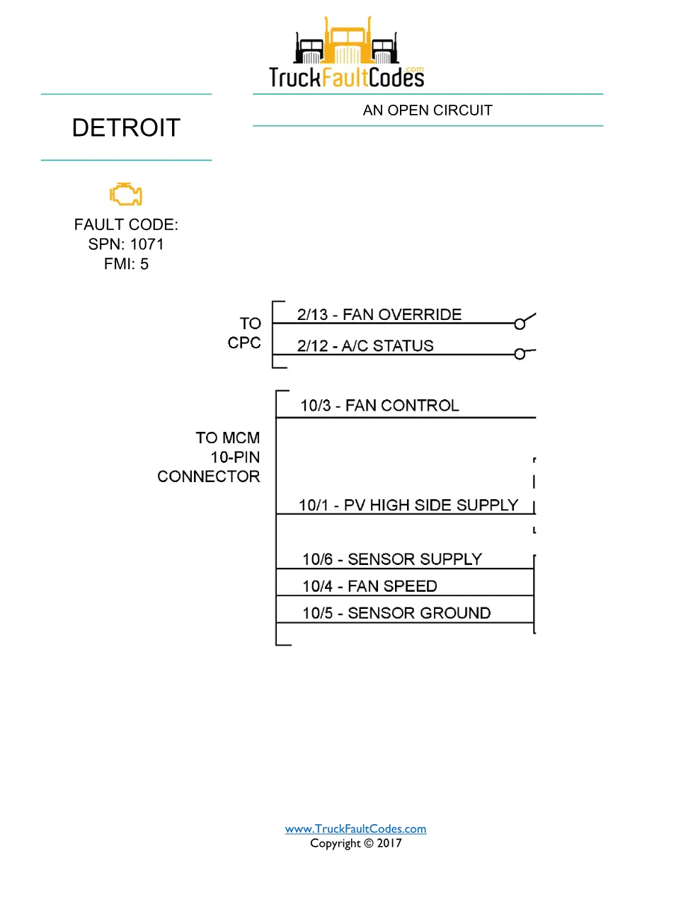 SPN 1071 FMI 5 — Detroit DD Series Fault Code Troubleshooting - preview page 1 of 4