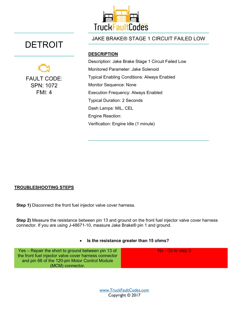 SPN 1072 FMI 4 — Detroit DD Series Fault Code Troubleshooting - preview page 1 of 2