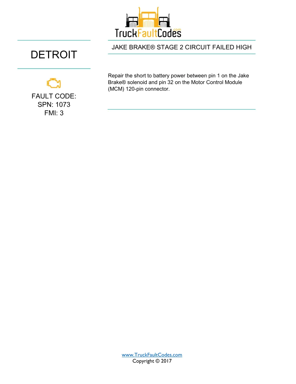 SPN 1073 FMI 3 — Detroit DD Series Fault Code Troubleshooting - page 1 is available after signing in