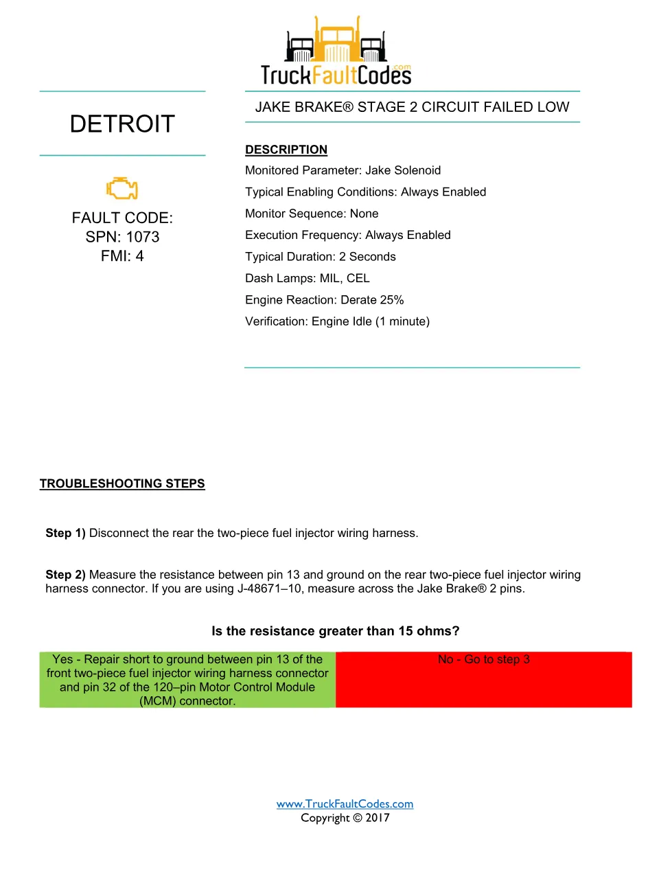 SPN 1073 FMI 4 — Detroit DD Series Fault Code Troubleshooting - preview page 1 of 2