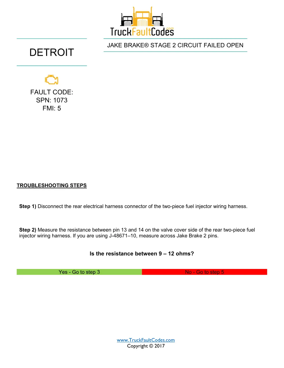 SPN 1073 FMI 5 — Detroit DD Series Fault Code Troubleshooting - preview page 1 of 3