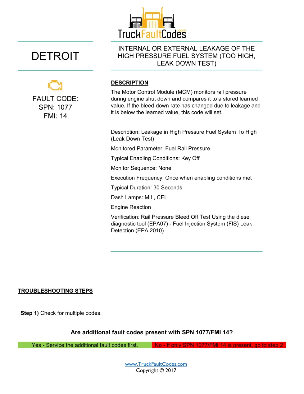 SPN 1077 FMI 14 — Detroit DD Series Fault Code Troubleshooting - preview page 1 of 4
