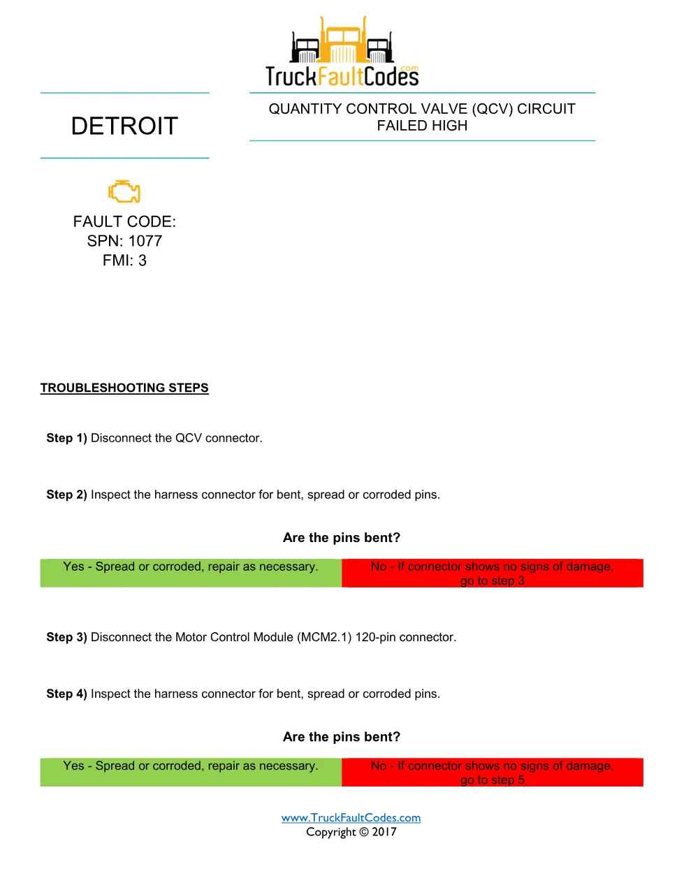 SPN 1077 FMI 3 — Detroit DD Series Fault Code Troubleshooting - preview page 1 of 2