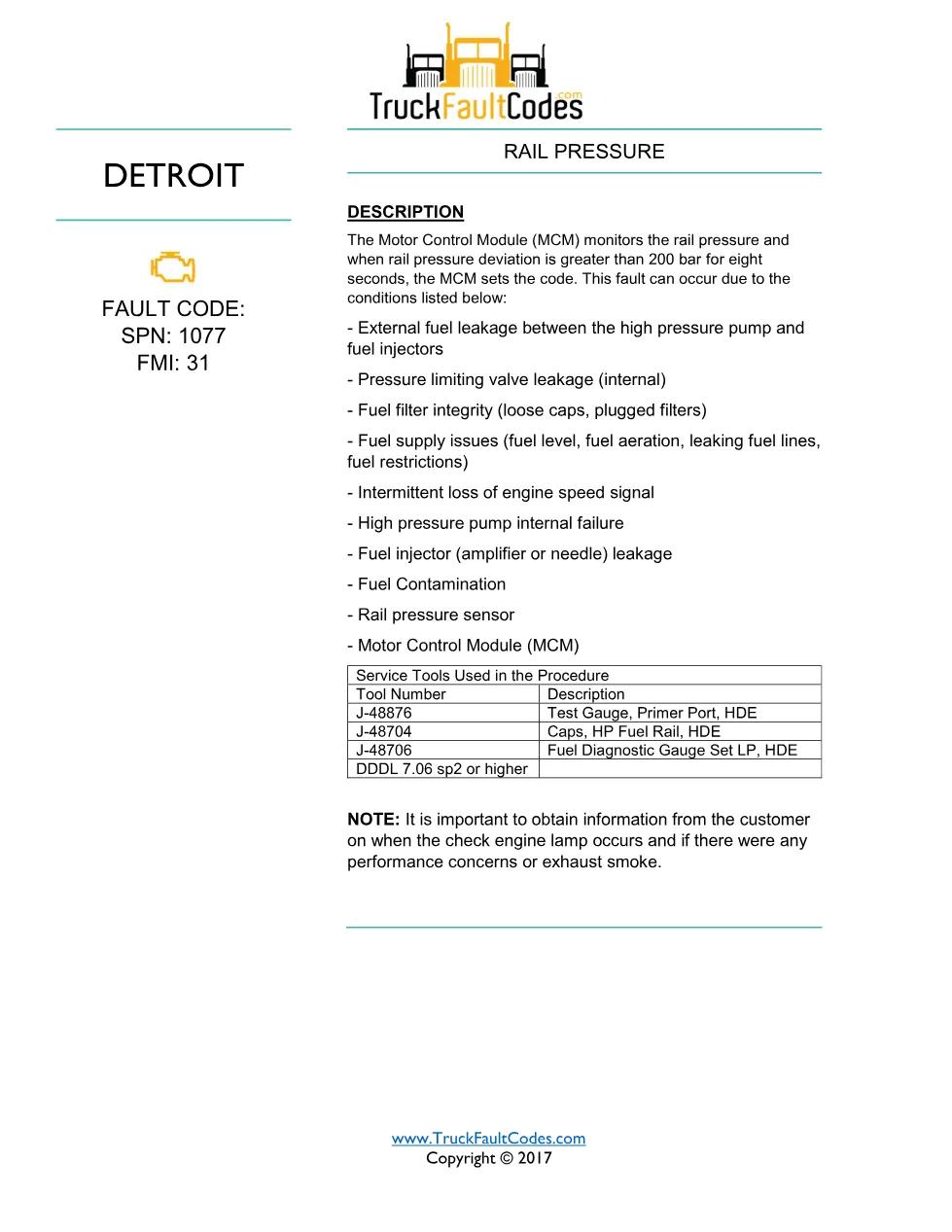 SPN 1077 FMI 31 — Detroit DD Series Fault Code Troubleshooting - preview page 1 of 6