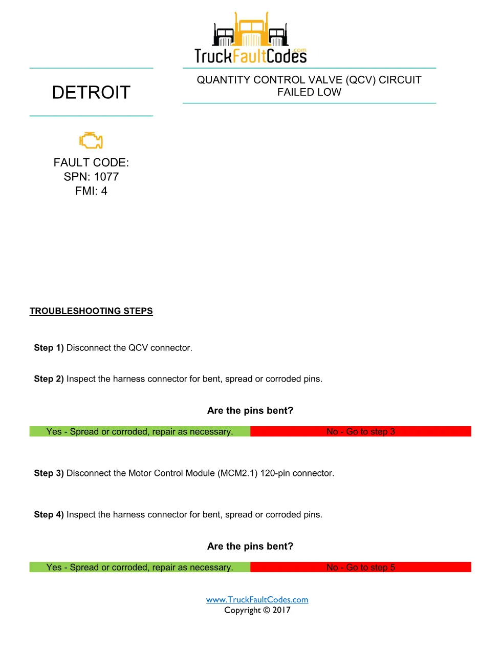 SPN 1077 FMI 4 — Detroit DD Series Fault Code Troubleshooting - preview page 1 of 2