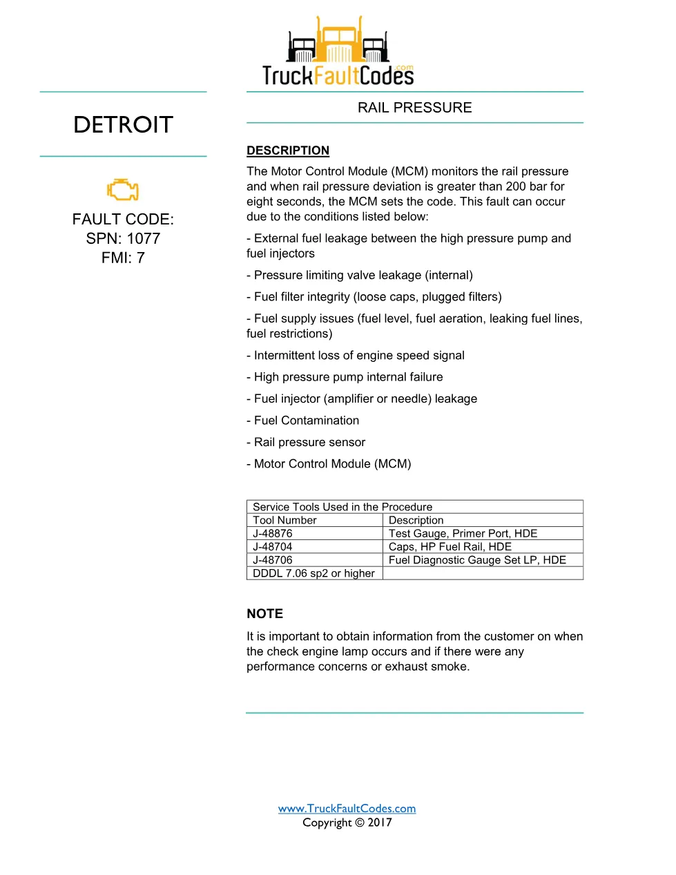 SPN 1077 FMI 7 — Detroit DD Series Fault Code Troubleshooting - preview page 1 of 6