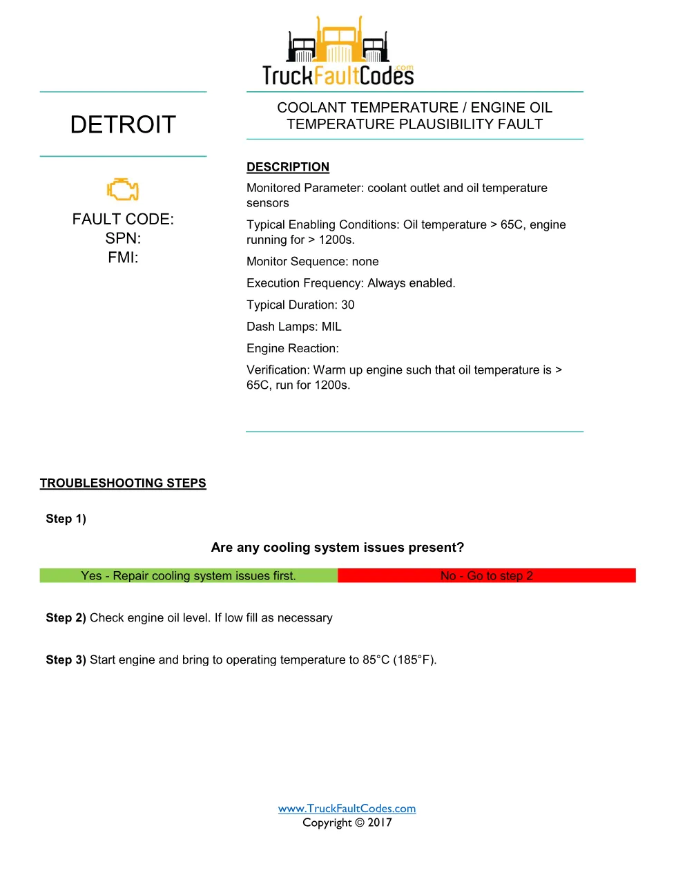 SPN 110 FMI 14 — Detroit coolant and oil temperature plausibility - preview page 1 of 3