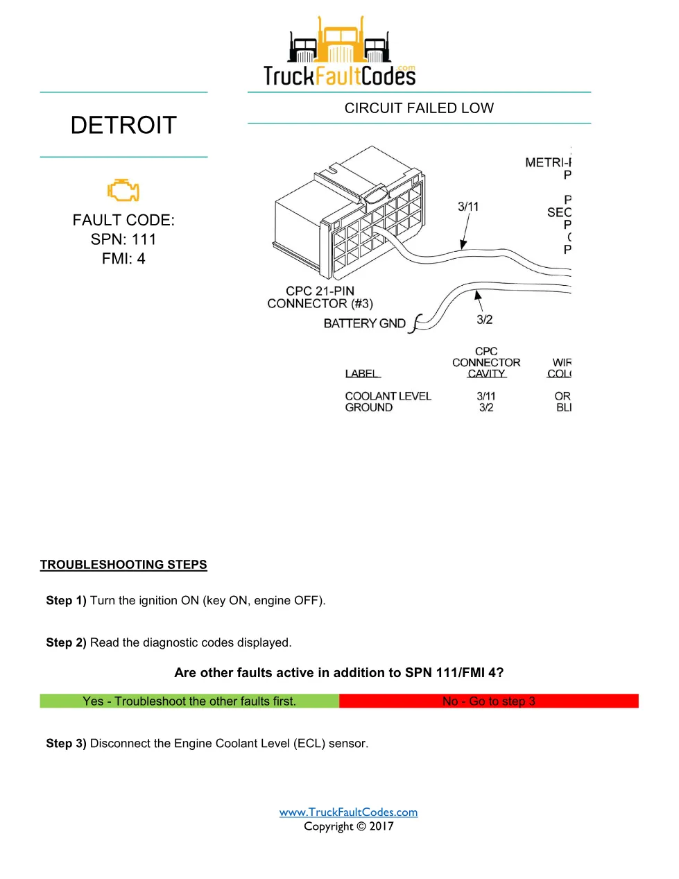 SPN 111 FMI 4 — Detroit coolant level sensor circuit failed low - preview page 1 of 2